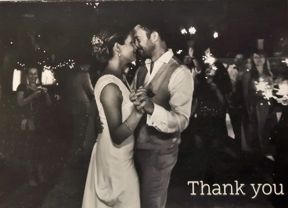 DJ Simon Hale receives Thank You card from a couple whose marriage he recently DJ'd at near Cannes - Simon also provided all Cocktail Music, microphones for speeches, background dinner music etc